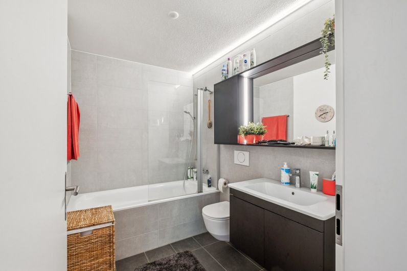 Modernes Badezimmer mit Badewanne, Dusche und Waschtisch